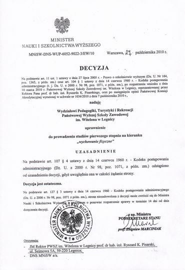 Zgoda na uruchomienie Wychowania Fizycznego Zgoda na uruchomienie Wychowania Fizycznego